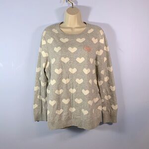 Charter club gray white hearts crew neck sweater size XXL embroidered pink heart